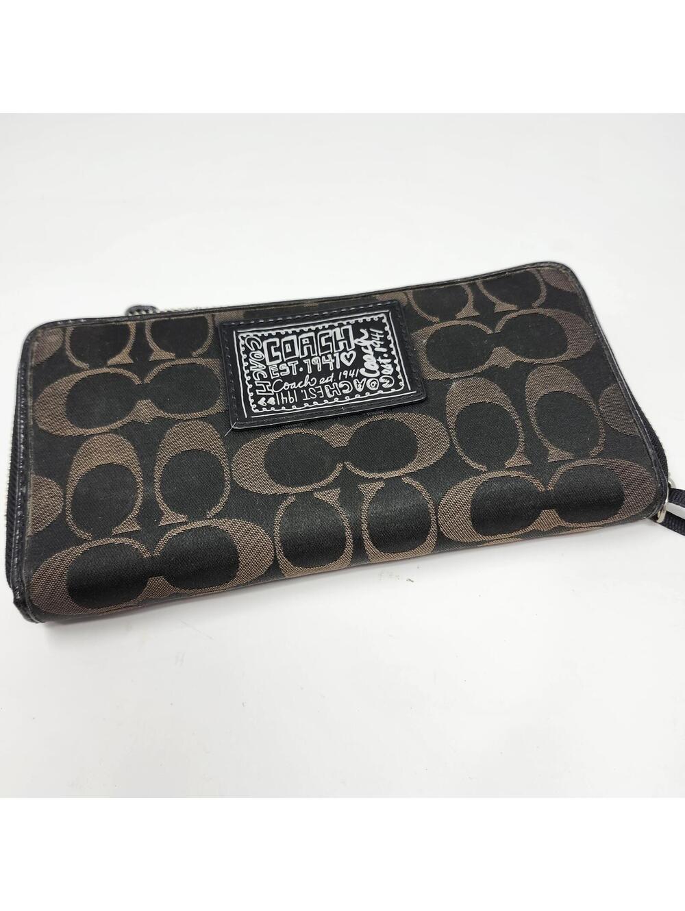 Coach Poppy Zip Around Wallet Brown Black Signature Wristlet Read